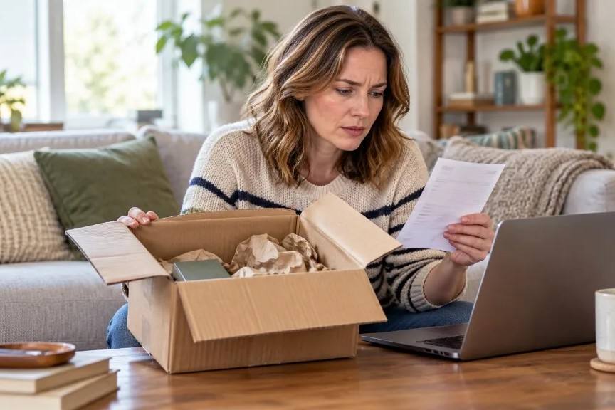 Customer checking delivery paperwork after opening an online order.