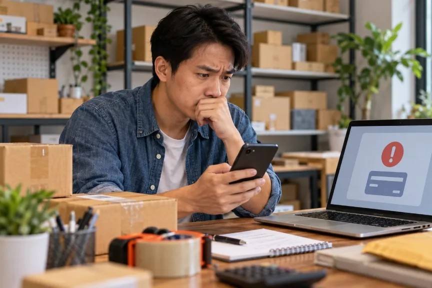 Online seller checking a suspicious payment notification before shipping an order.