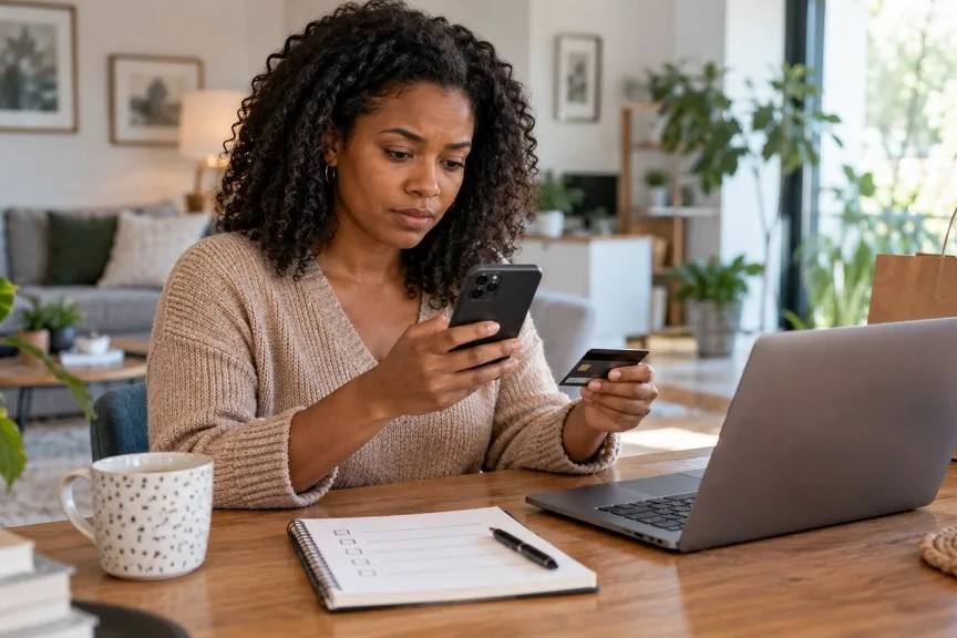 Woman checking a payment on her phone before completing an online purchase.