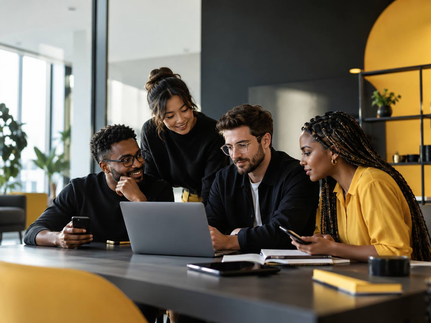 Four people gathered around a laptop at a meeting table.