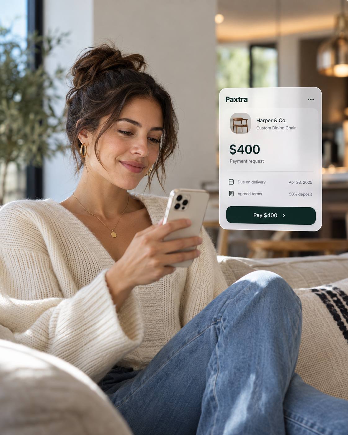 A woman on a sofa looks at her phone beside a Paxtra payment request for a custom dining chair.