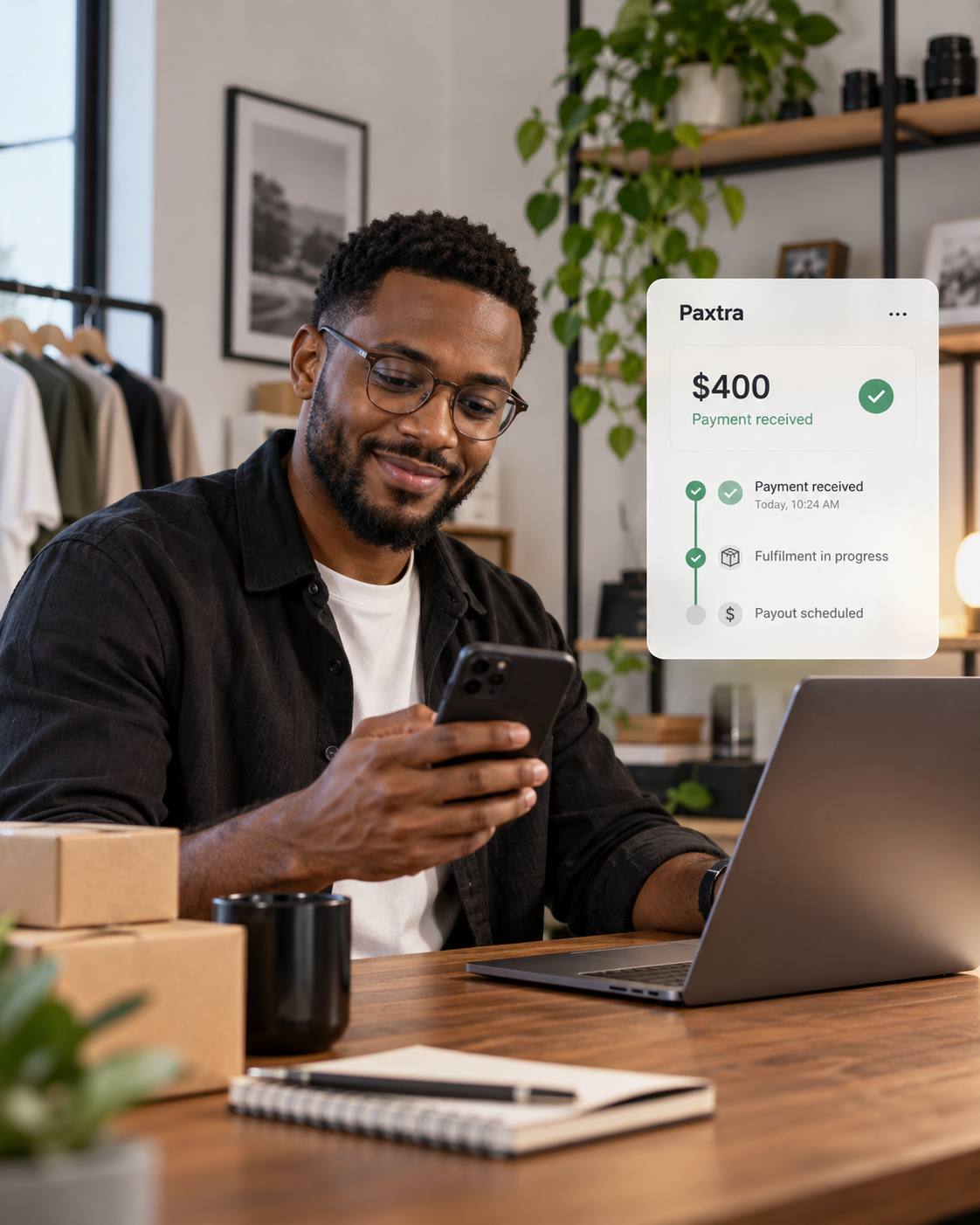 A seller at a desk looks at his phone beside a Paxtra screen showing a payment received.
