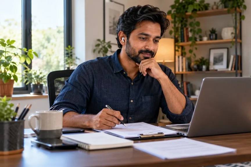 Freelancer reviewing project paperwork and payment arrangements at his desk.