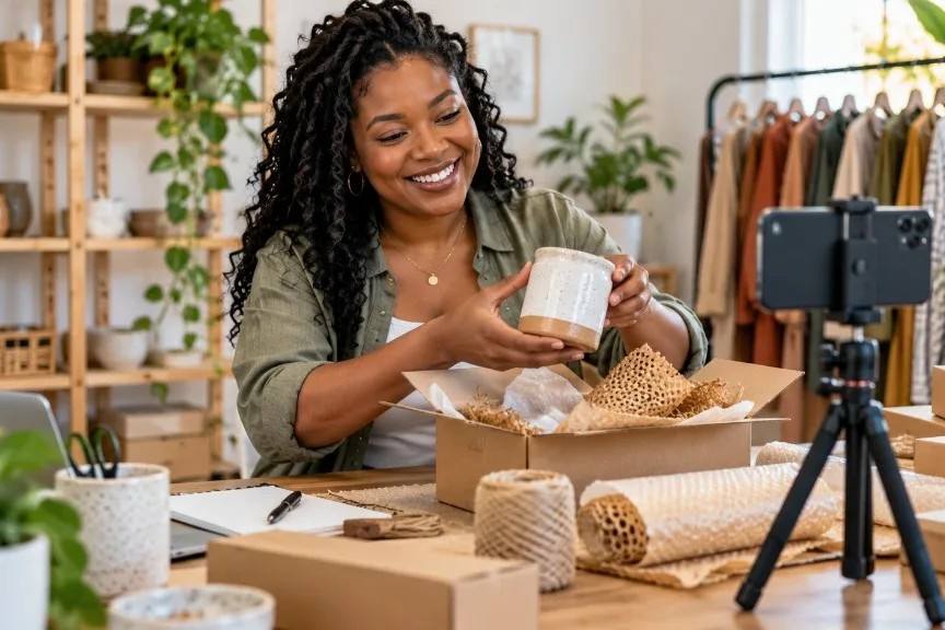 Small business owner presenting a product while preparing an online order.