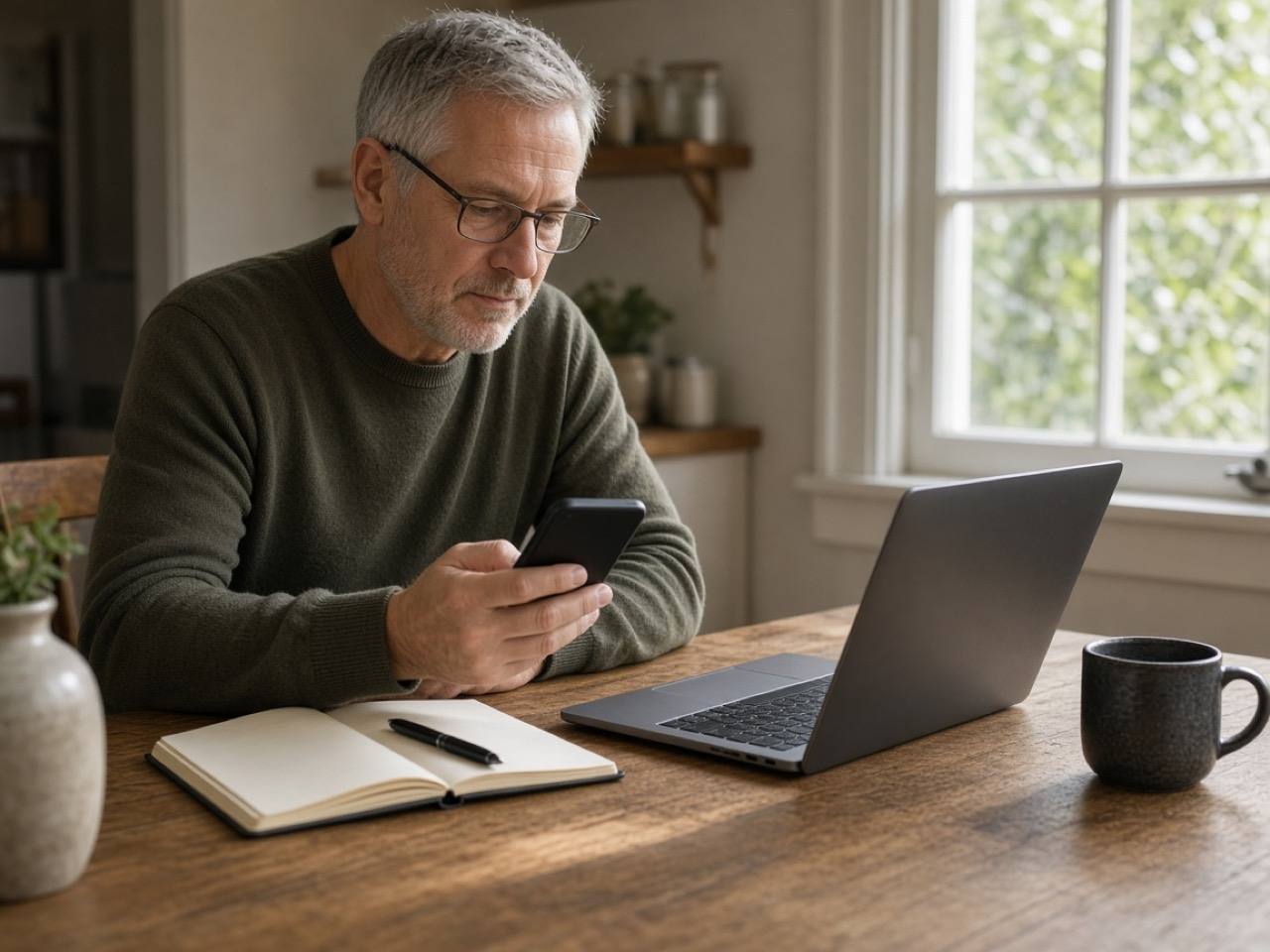 A man at his kitchen table carefully compares details on his phone with his laptop before paying.